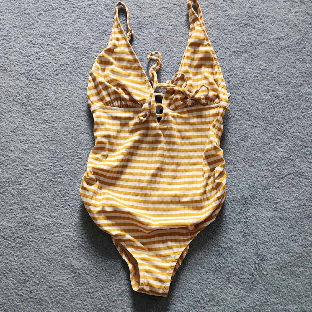 A Pea in the Pod Yellow and White Striped Maternity One-Piece Swimsuit
